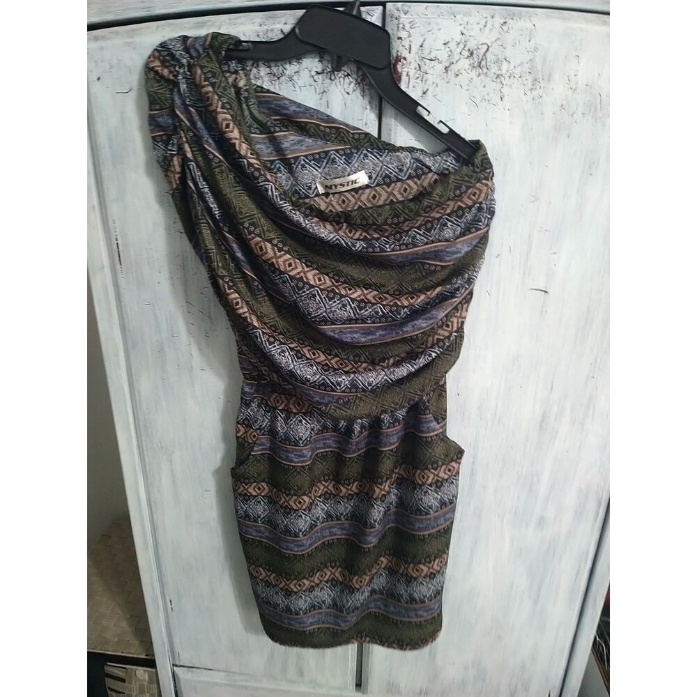 Mystic One Shoulder Pocketed Dress Medium Boho Beachy Geometric Aztec